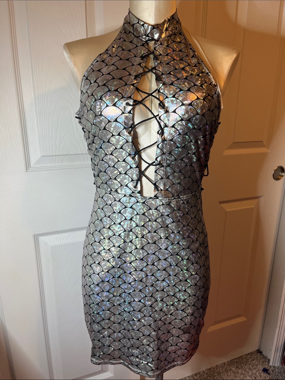 Silver Holographic Scale-Print Halter Lace-Up Mini Dress